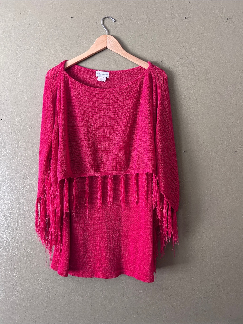 Soft Surroundings Women’s Pink Fringe Knit Boho Maximalist Poncho Sweater